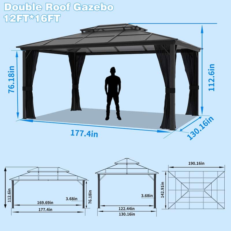 VEIKOUS 12' x 16' Outdoor Patio PC Gazebo, Aluminum Double Hardtop Gazebo Pergola