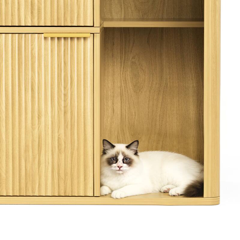 31.5" Walnut Cat Litter Cabinet with Cat Tree, Grooved Concealed Litter Furniture Featuring Dual Cat Doors and Storage Shelves