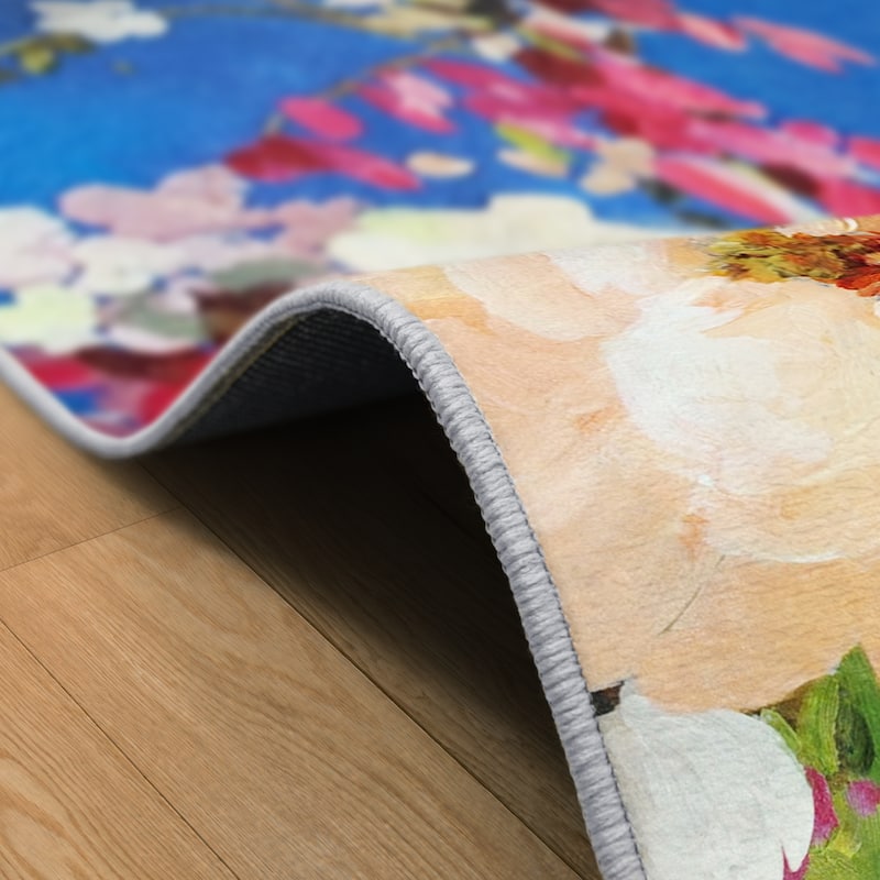 Midnight Flowers I, Hand Washable Art Area Rug, power-loomed, 100% polyester, 2mm pile, non-slip back