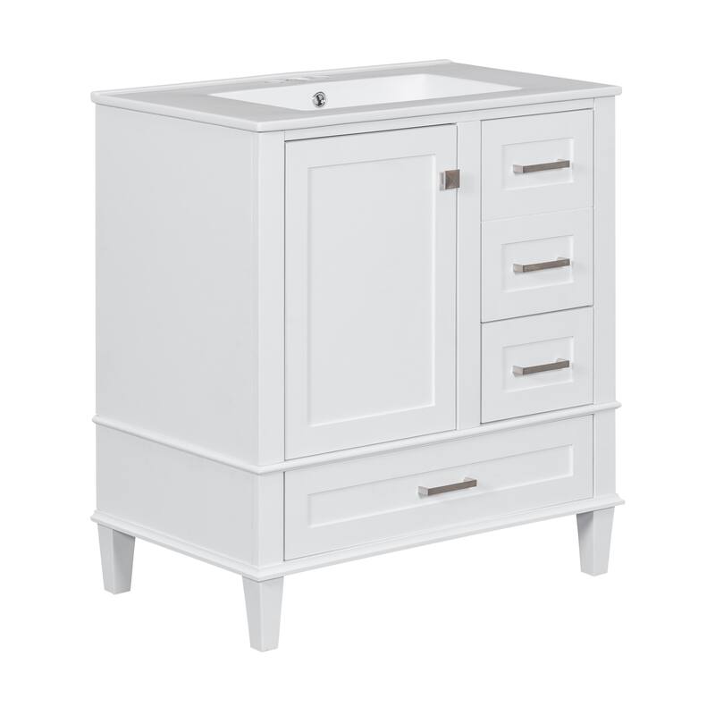 Anmytek 30 Inch White Modern Bathroom Vanity Sink Combo Solid Wood Frame Soft Close Door 3 Drawers Storage Cabinet