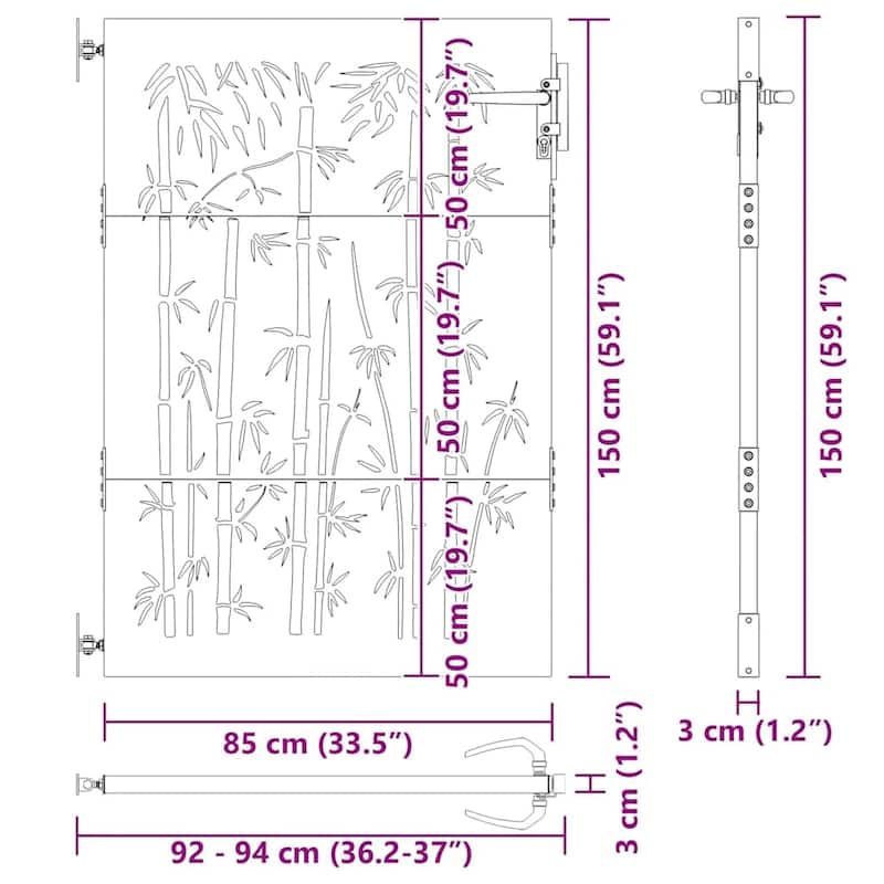 vidaXL Garden Gate Decorative Door Outdoor Fence Corten Steel Bamboo Design - 33.5 x 1.2 x 59.1"