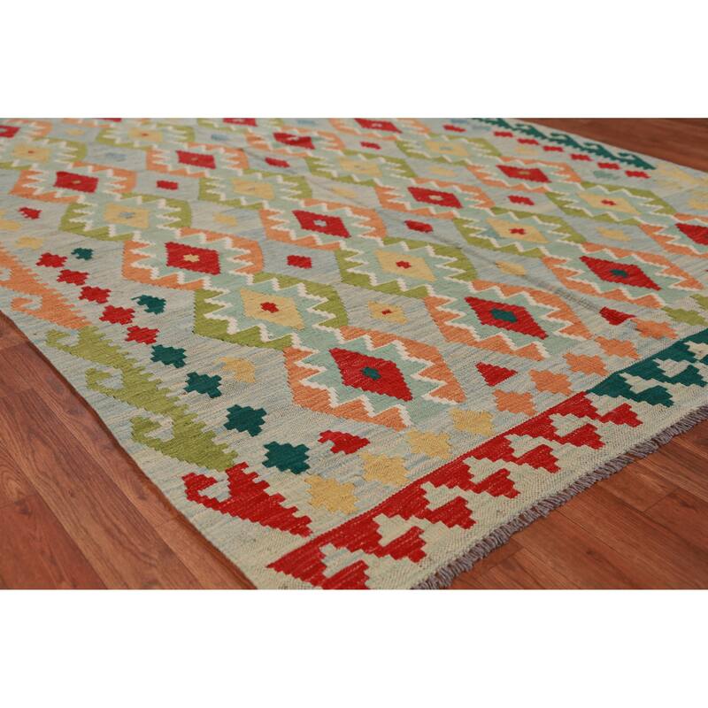 Hand Woven Oriental 100% Wool Carpet Southwestern Geometric Multi-Colored Kilim Area Rug - 8' 1'' X 5' 1''