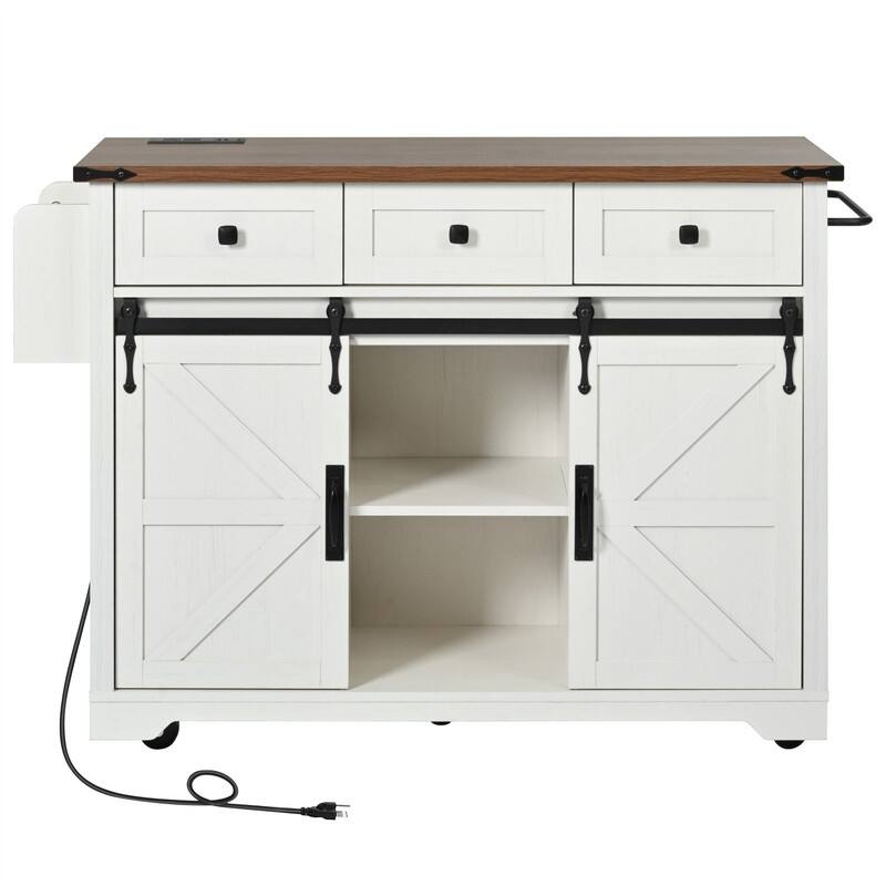 Farmhouse Kitchen Island with Power Outlet and 2 Sliding Barn Door, Rolling Kitchen Cart on Wheels with Drop Leaf and Spice Rack