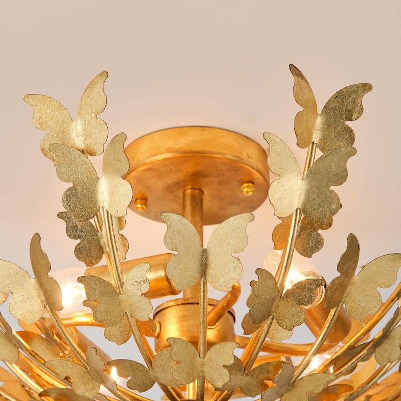 Antique Gold Butterfly Bowl 4-Light Semi Flush Mount Ceiling Light - 17.7"Wx10.4"H