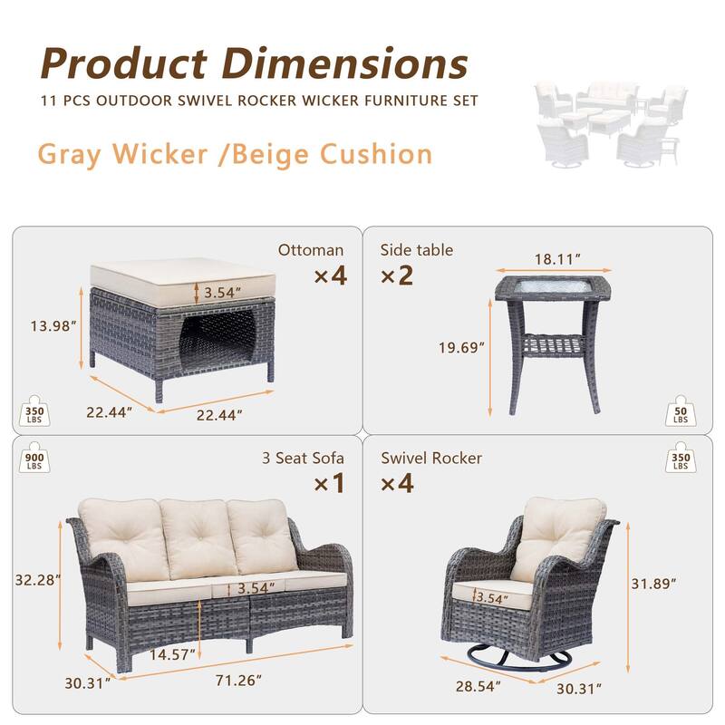 11 Piece Rattan Wicker Outdoor Patio Furniture with Swivel Chairs Set