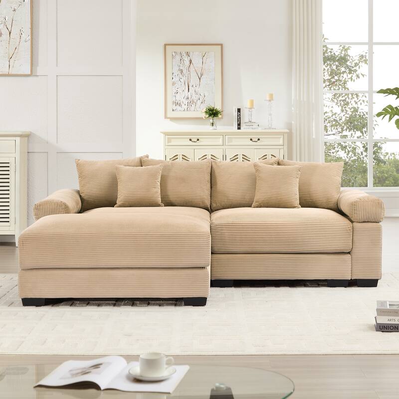 Roomfitters 82.6"/92" Modular L-Shape Sectional, Corduroy Cloud Couch with Ottoman & 6 Pillows