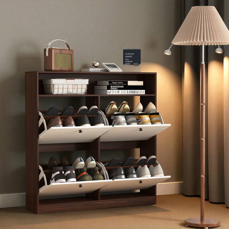 39.4" Shoe Storage Cabinet with 4 Flip Drawers, Large Freestanding Entryway Shoe Organizer with Wooden Handles and Anti-Tip Kit