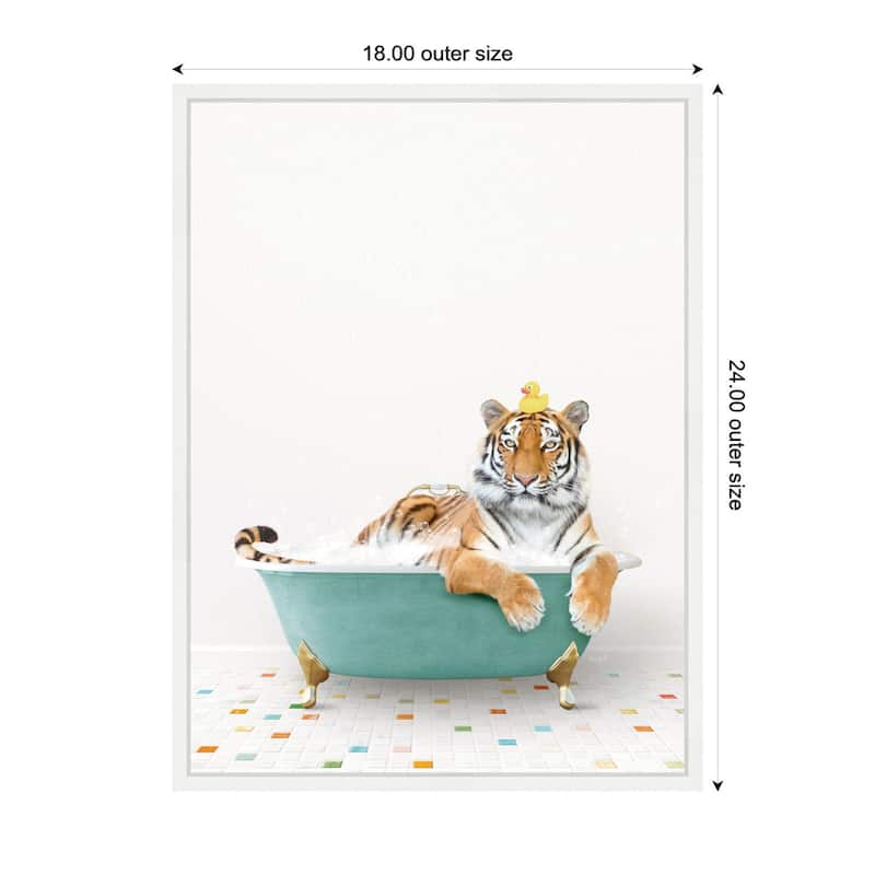 Kate and Laurel Sylvie Tiger in Teal Bathtub on Colored Tile Framed Canvas by Amy Peterson