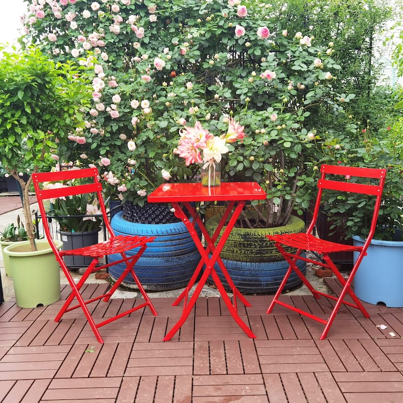 3 Piece Outdoor Patio Bistro Set of Foldable Square Table and Chairs, Red