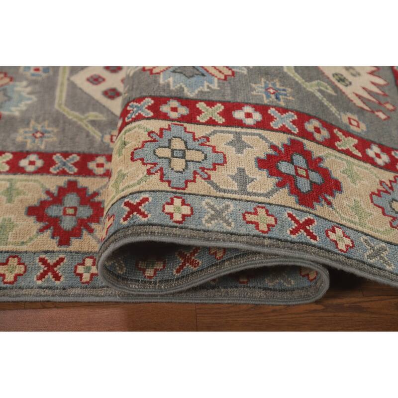 Gray Geometric Kazak Area Rug Handmade Oriental Wool Carpet - 4'11" x 7'0"
