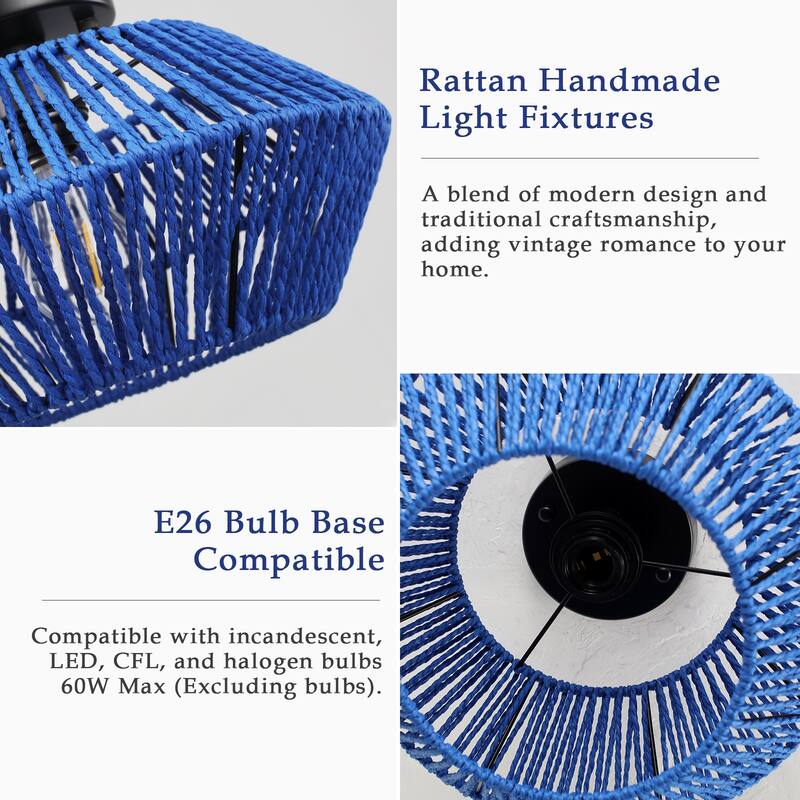 1-Light Farmhouse Style Classic Semi Flush Mount Chandelier, Hand-Woven Semi-Flush Mount Ceiling Light with Drum Shade
