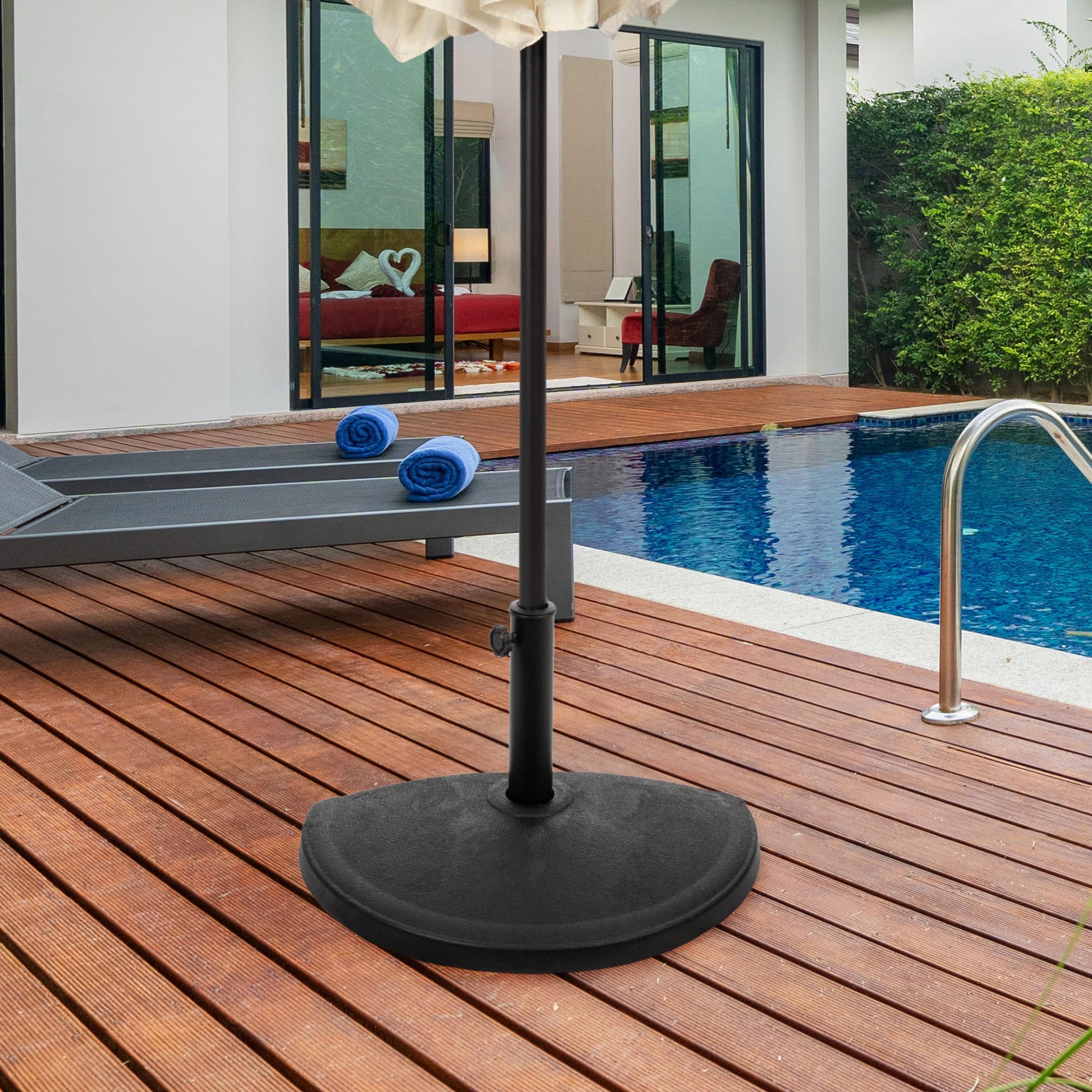 black patio half umbrella ALLEN Round Base Stand for Umbrella, density Polyethylene (HDPE) plastic Striped Patio Half Umbrella -