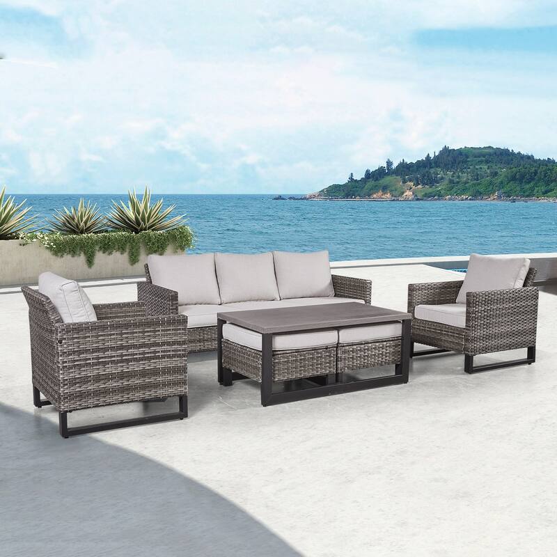 Gymojoy 6-Piece Outdoor Furniture Sofa Chair Table with Ottoman - Beige