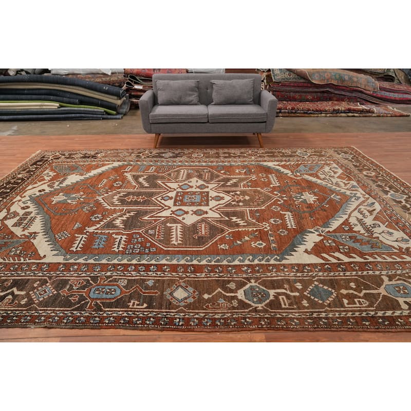 Hand Knotted Oriental 100% Wool Carpet Traditional Medallion Oranges & Rust Heriz (serapi) Area Rug - 13' 4'' X 9' 7''