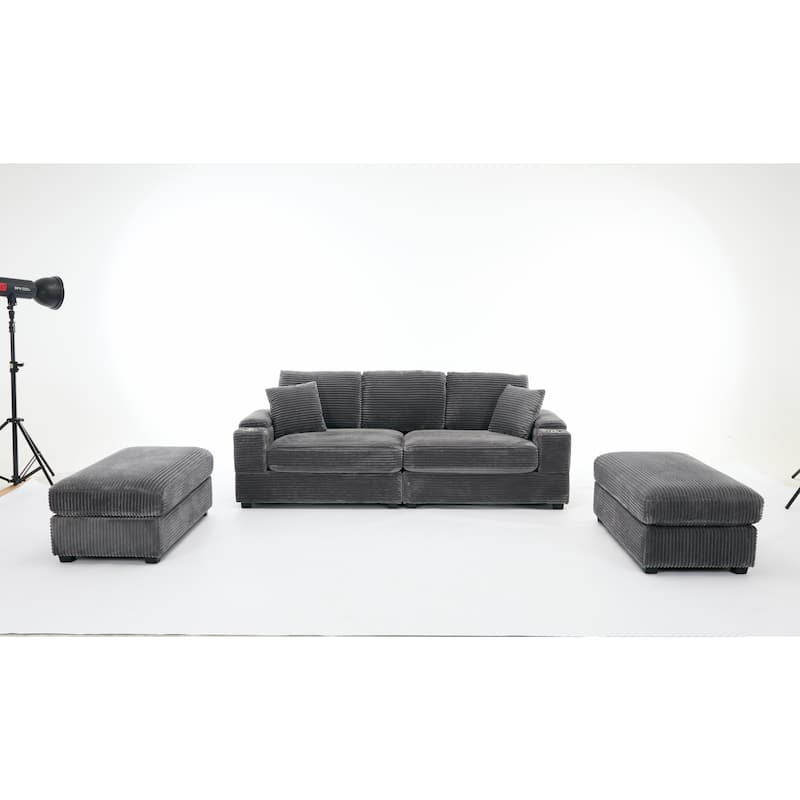 Modular Convertible Sectional Sofa with 2 Ottomans, 2 Seaters Corduroy Arms Couch, Loveseat Sofa with Cup Holders & USB Ports