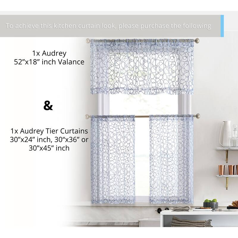 HLC.me Audrey Embroidered Sheer Voile Window Curtain Short Rod Pocket Tiers Valance Kitchen, Small Windows and Bathroom