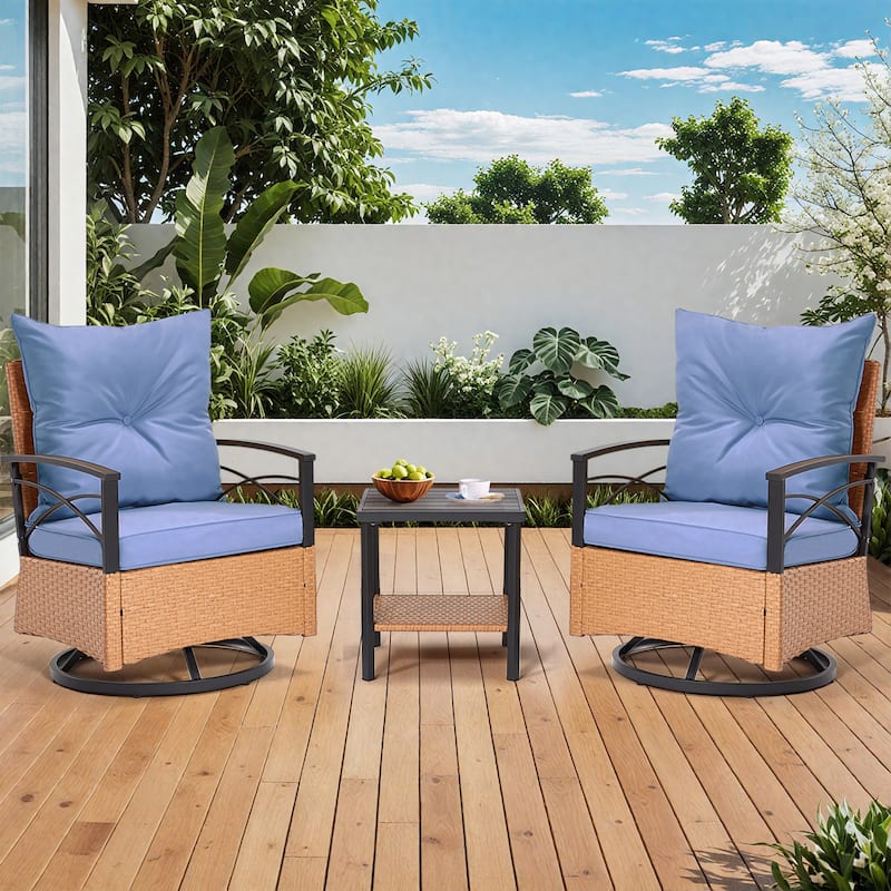 EROMMY 3-Piece Outdoor Rocking/Swivel Chair Set - PE Rattan Patio Furniture with Cushions & Coffee Table, Rocker Chairs