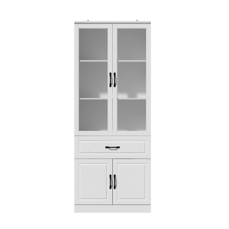 78.7"Modular White Curio Bookcase Cabinet w/Glass Doors Buffet Display