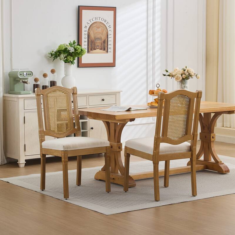 Roomfitters French Country Dining Chairs Set of 2 with Rattan Back and Upholstered Seat, Farmhouse Wood Side Chairs