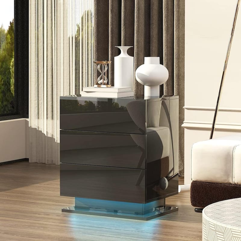 LED Nightstand with 3 Drawers Modern End Side Bedside Table