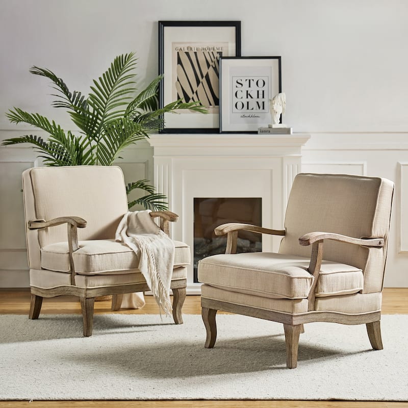 Rinaldo Farmhouse Polyester Armchair with Comfortable Backrest and Cushion Set of 2 by HULALA HOME - Linen
