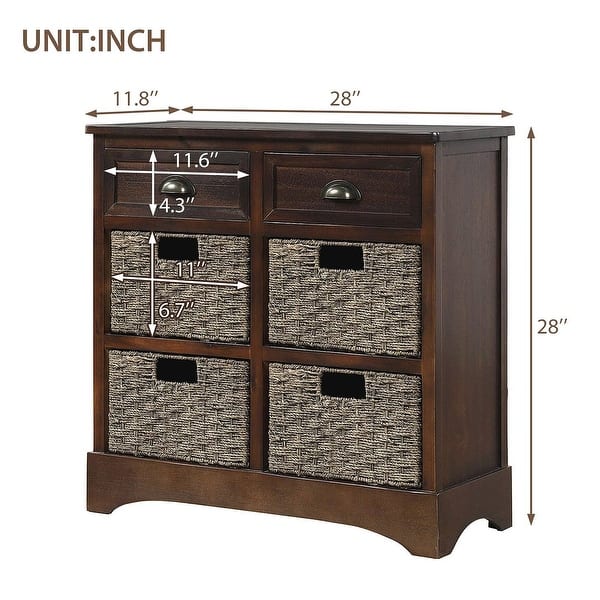 dimension image slide 4 of 5, 28” Farmhouse Solid Wood Storage Cabinet with Two Drawers and Four Rattan Baskets