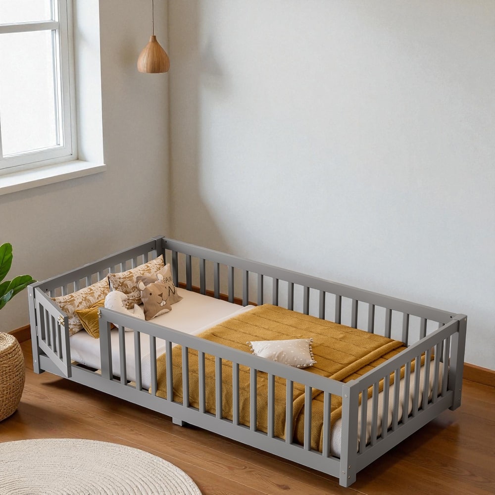 Twin/Full/Queen Size Wood Floor Bed with Door and Guardrails for Kids, Montessori Bed with Removable Slats