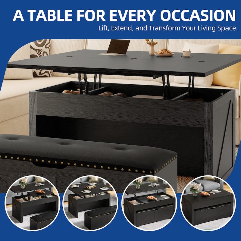 Moasis Wood Lift-Top Coffee Table Wheeled Dinning Center Table Set with Padded Ottoman