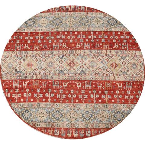 Tribal Geometric Kazak Oriental Area Rug Hand-knotted Wool Carpet - 7'0" x 7'0" Round