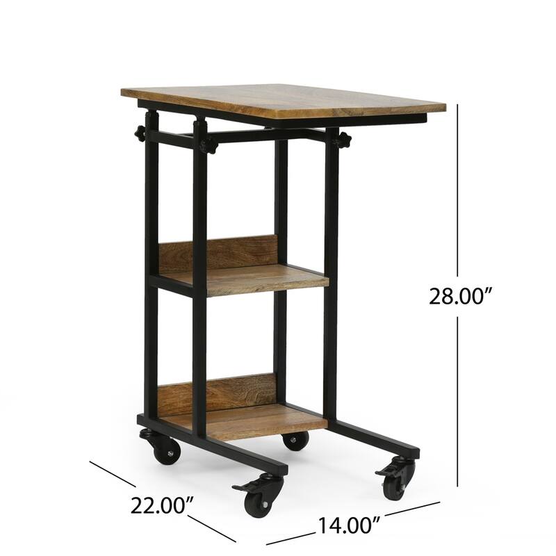 C Shaped End Table with Metal Frame and Wood Top