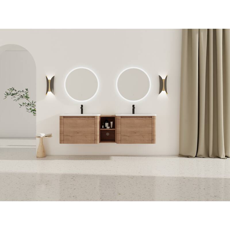 68'' Wall-Mounted Bathroom Vanity with White Ceramic Sink and Storage Shelves & 1-Soft-Close Door, KD-Packing, Plywood