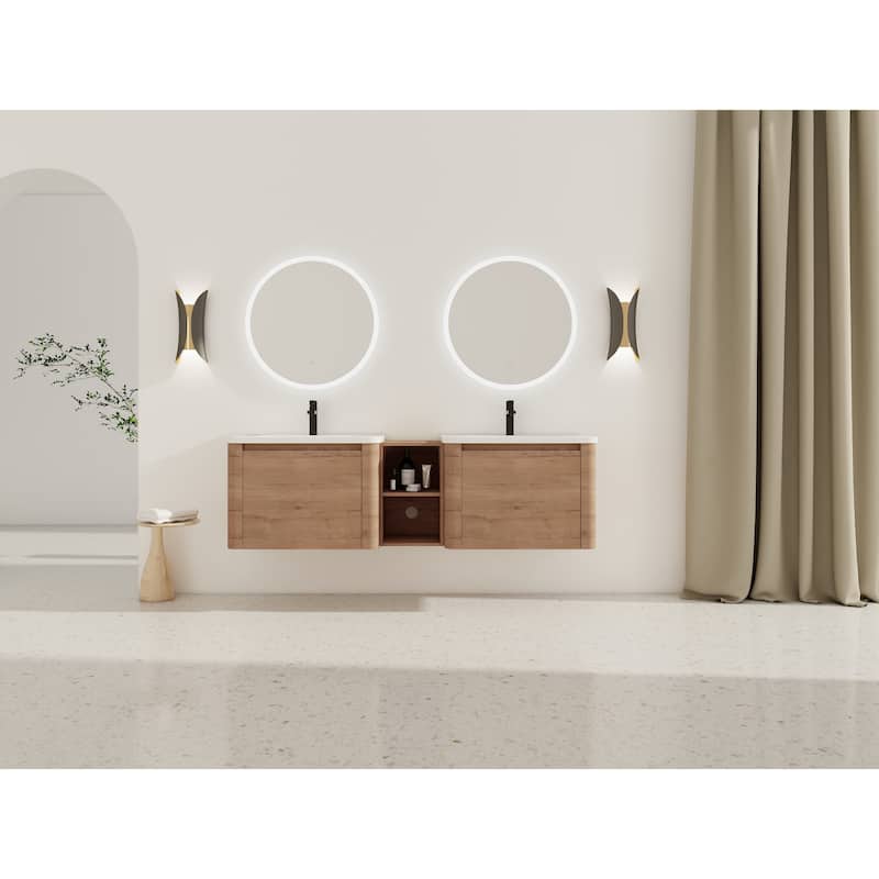 Wall-Mounted Bathroom Vanity with Ceramic Sink and Storage Shelves
