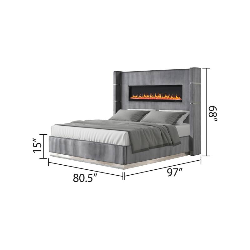 Lizelle Modern Style Queen/King Upholstered Bed with USB Ports, Fireplace Headboard & Made with Wood