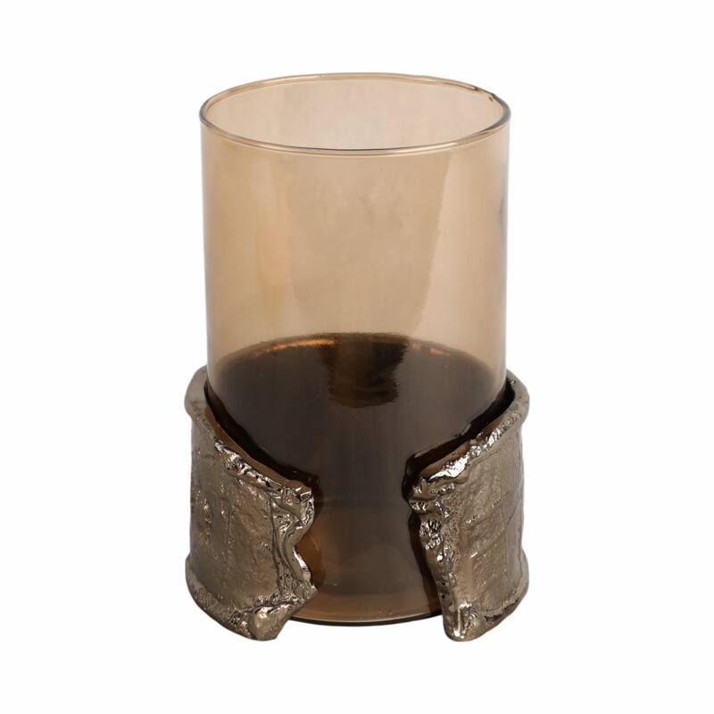 Candle Holder - Brown Glass with Metal Wraparound