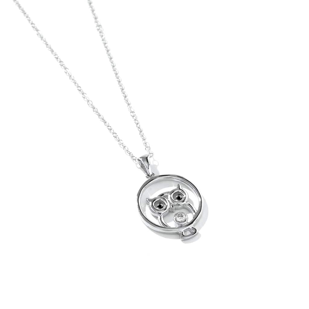 1/20ct Diamond Owl Charm Pendant Necklace in Silver for Women - White