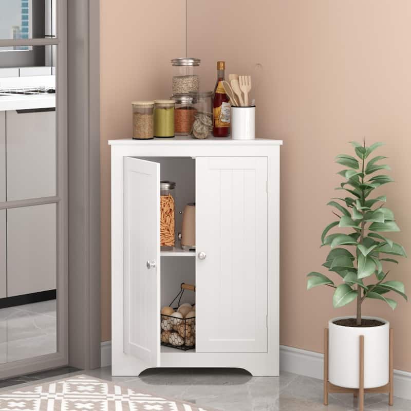 Anmytek White Corner Storage Cabinet for Bathroom and Kitchen Double Door Space Saving Organizer
