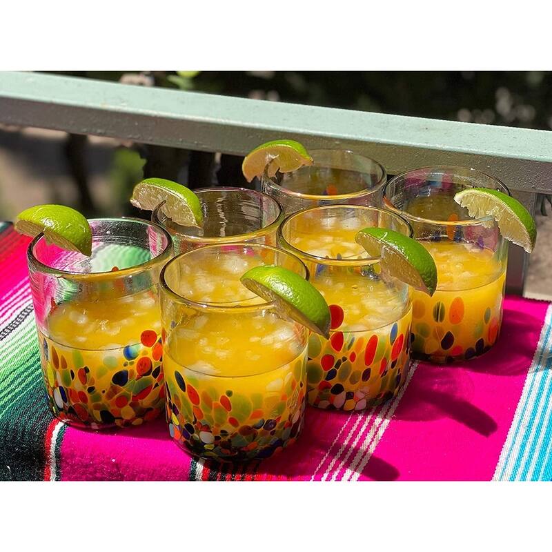 Dos Suenos Hand Blown Mexican Drinking Glasses - Set of 6 Confetti Carmen Tumbler Glasses (10 oz each)
