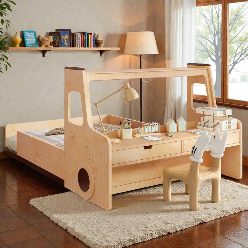 Kids Car Floor Bed with Storage Drawers and Desk, Car-Shaped Wood Floor Bed with Window, Twin Full Sizes - Natural - Full