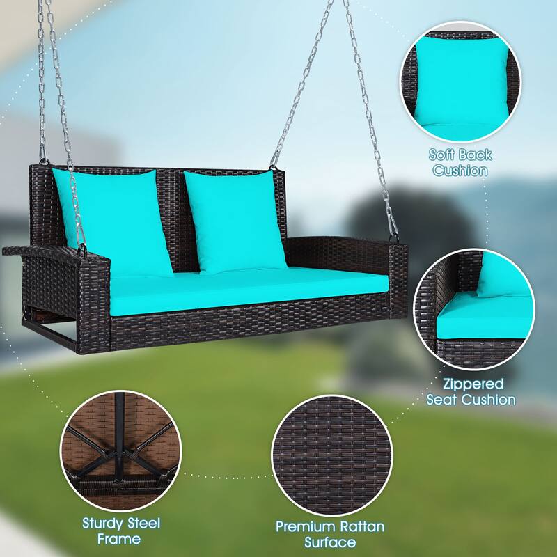 Costway 2-Person Patio Rattan Hanging Porch Swing Bench Chair Cushion