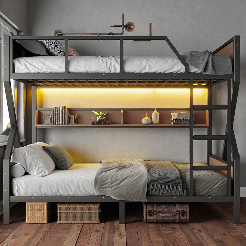 Metal Bunk Bed with Storage Shelves and LED Lights, Space Saving Noise Free Bunk Bed Frame with Guardrails