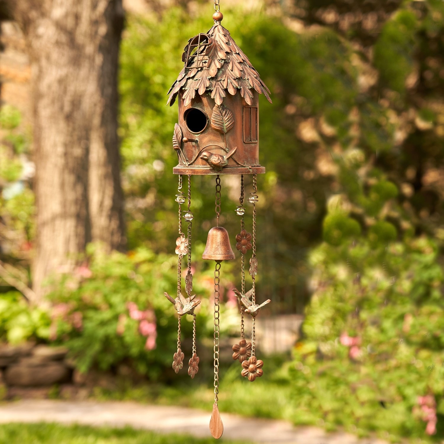 Antique Copper Hanging Birdhouse Wind Chime "Silo"