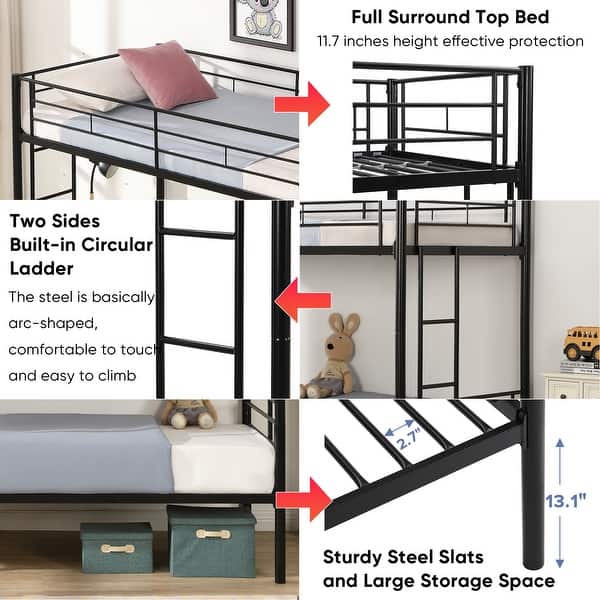 dimension image slide 0 of 2, Elegant Twin Over Twin Bunk Bed, Metal Structure Bedframe with Safety Guardrails, 2 ladders and Space Saving Design, Black