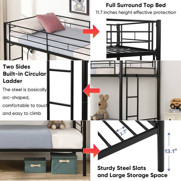 dimension image slide 0 of 3, Metal Structure Bedframe Twin Over Twin Bunk Bed Frame with Safety Guardrails and 2 Ladders, Convertible to 2 Platform Bed