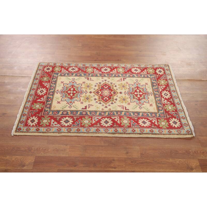 Geometric Yellow Kazak Accent Rug Handmade Traditional Wool Carpet - 2'8" x 4'0"