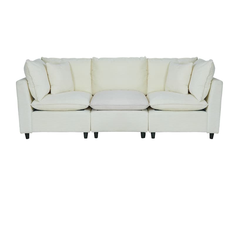 Corduroy 3-Seater Sofa, 4 Pillows, Breathable Fabric and Thick Cushions - Beige