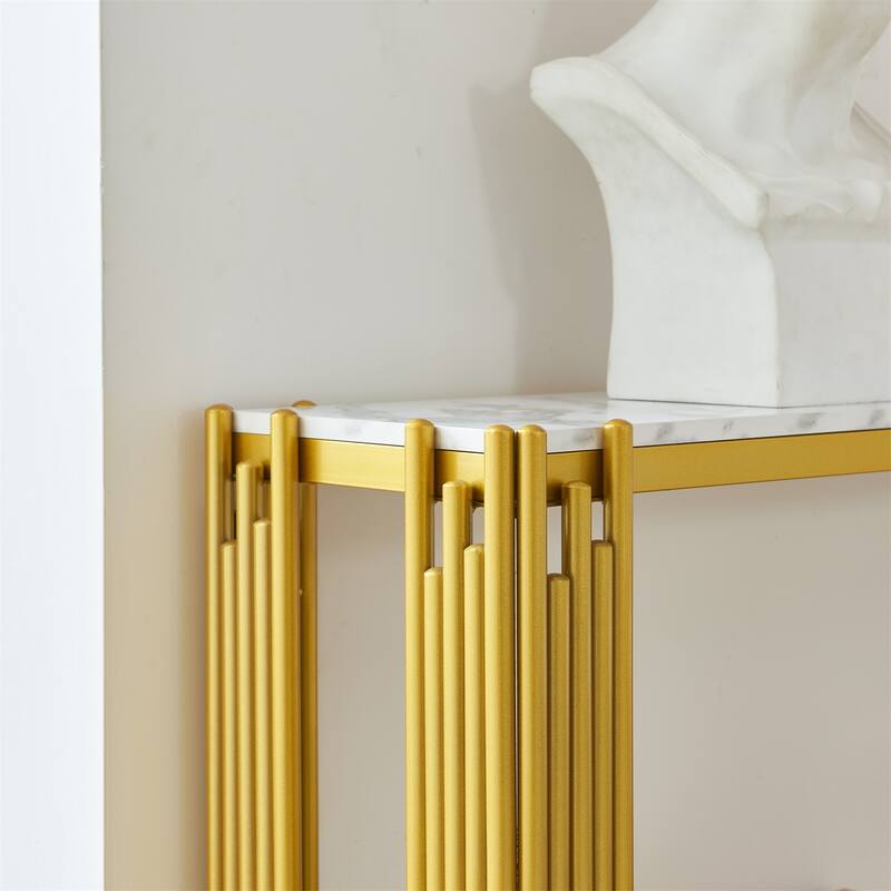 2 Tier Faux Marbling Console Table, Entryway Table w/ Adjustable Feet