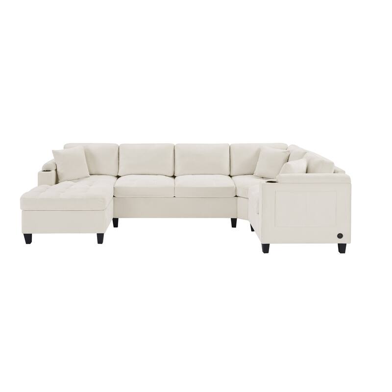 Oversized Corner Sectional, Modern U-Shaped Sectional Sofa with Built-in Storage Boxes and Dual Cup Holders, USB Ports, Pockets