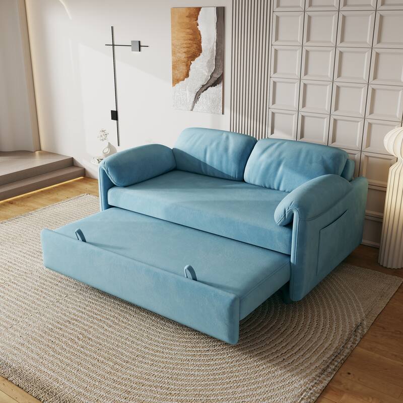 Sofa Showcase: 54" Velvet Blue Sofa Bed - A Dual-Purpose Living Room Gem with a Retractable Bed Option