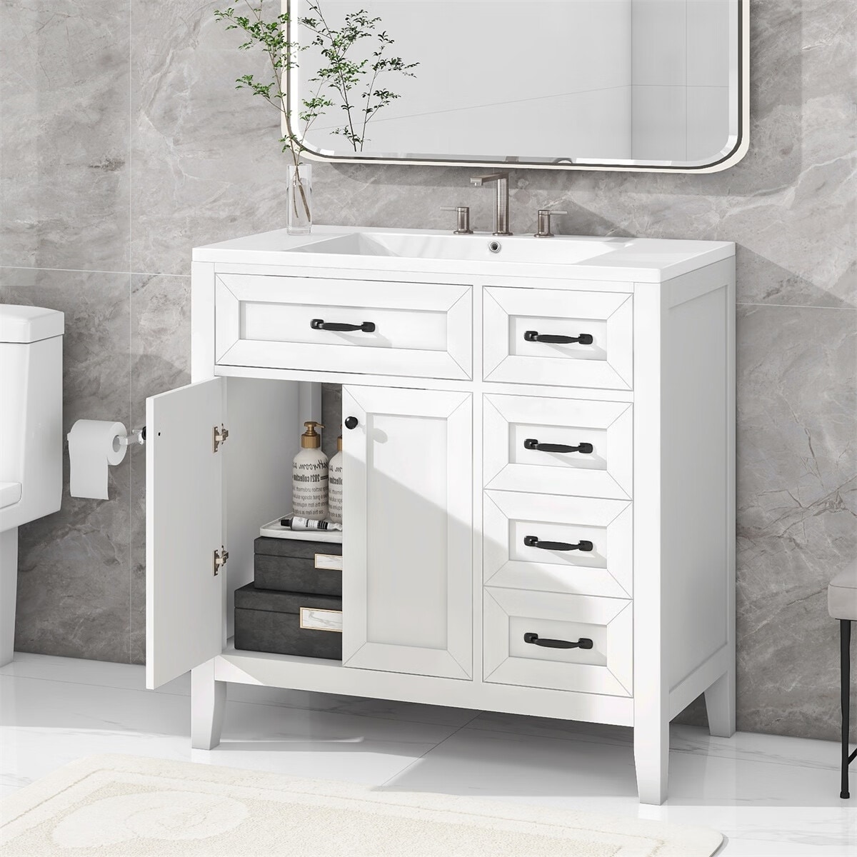 Merax, White 36 Inch Bathroom Vanity with Sink Set Combo, Storage Cabinet  with Doors and Drawers, Ceramic Basin Top