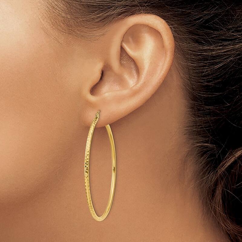 Curata 14k Yellow Gold Diamond-Cut 2x50mm Round Tube Hoop Earrings
